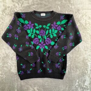 Vintage Floral Sweater Womens M Black Purple Green‎ Grunge Cottagecore Knit USA